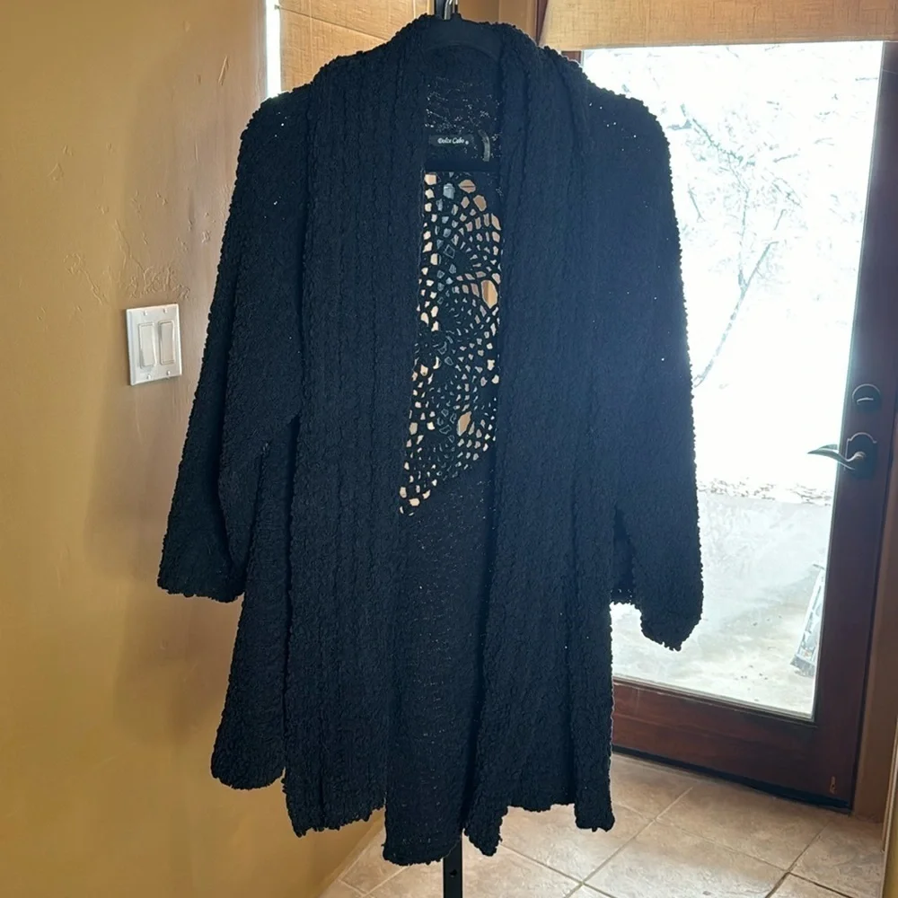 Dolce Cabo Black Chenille Crochet Lace Open Front Cardigan XL Boho Chic